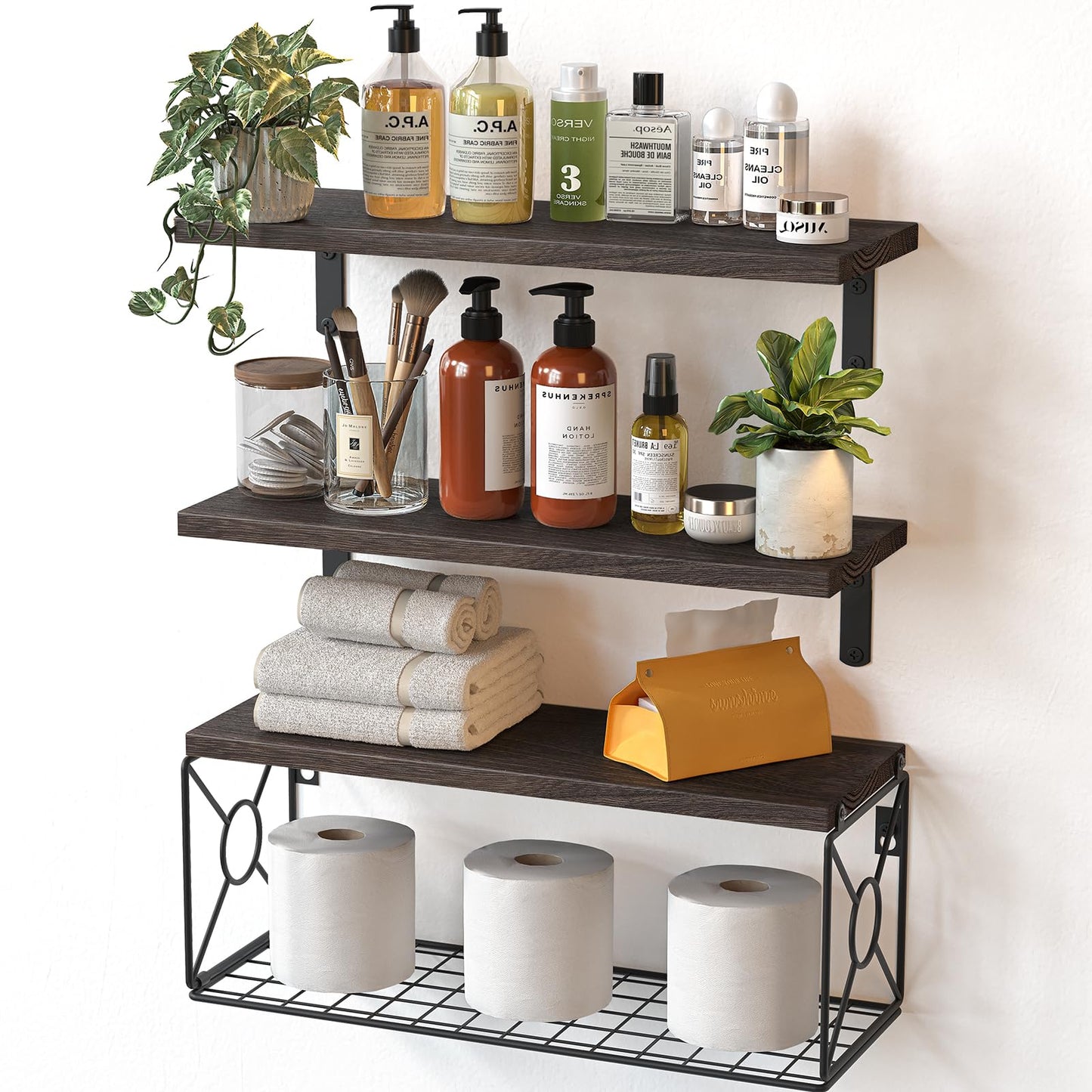 Amada Bathroom Shelves Over Toilet with Storage Basket, Floating Wall Shelves for Home Organization & Wall Decor, Bathroom/Kitchen/Living Room ShelvesBlack