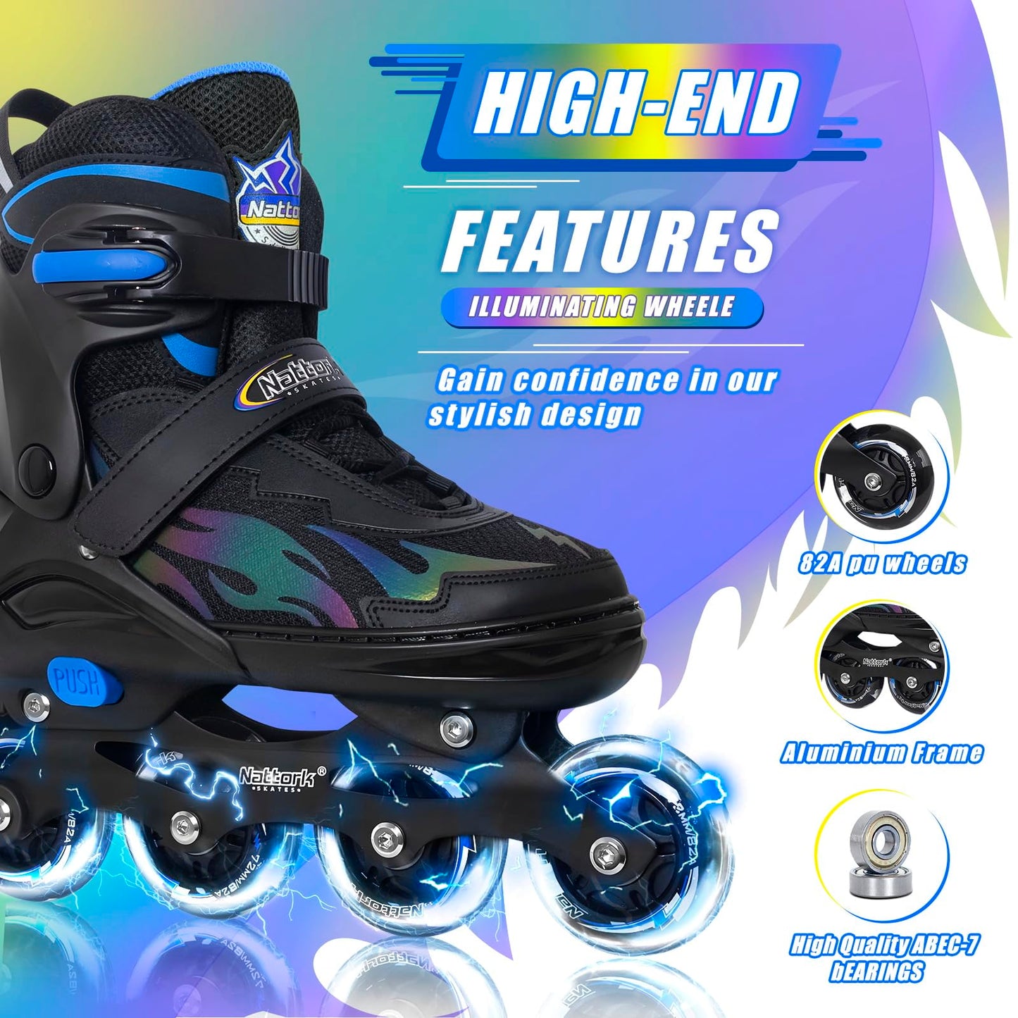Nattork Adjustable Inline Skates for Kids and Teens, Indoor and Outdoor Blades Roller Skates with 8 Light Up Wheels for Boys Girls Youth Aged 6-16, Adult Beginners Lighting Style 7 8 9 10
