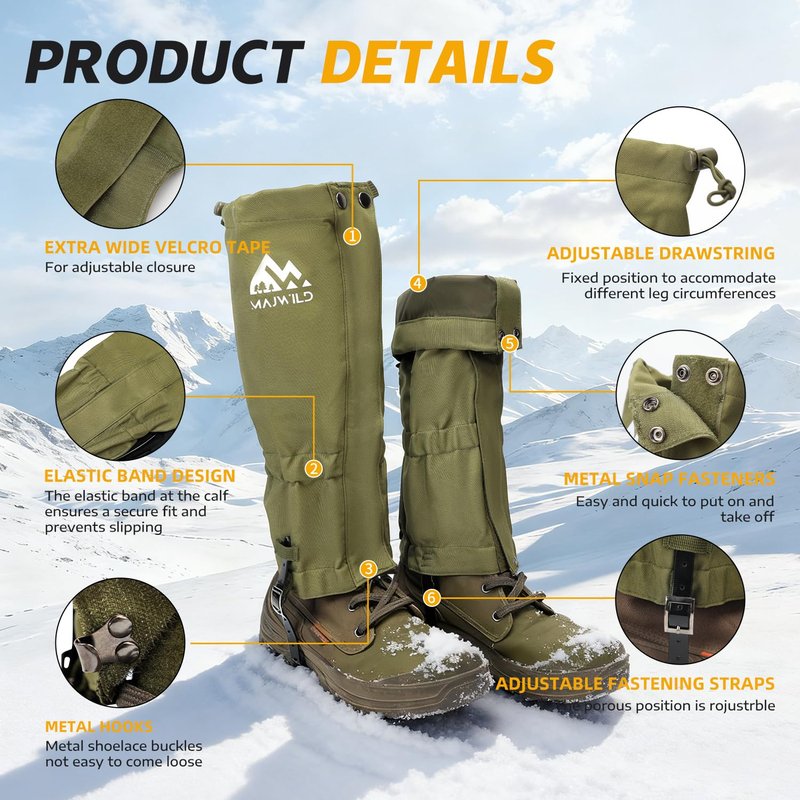 MAJWILD Adjustable Leg Gaiters, Waterproof Snow Boot Gaiters for Men Women with Hiking, Walking, Hunting, Snowshoeing, Climbing (Olive Green, X-Large)