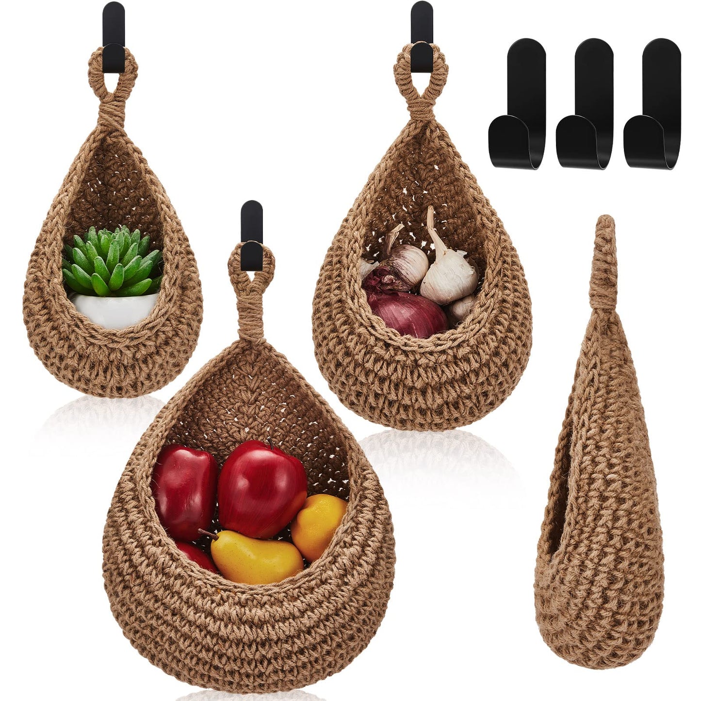 Honeydak Hanging Wall Basket Teardrop Hanging Baskets Onion Basket Coat Bohemian Storage Fruit Wall Hooks for Kitchen Wall Home Restaurant Storage Vegetable, 3 Sizes(Linen)