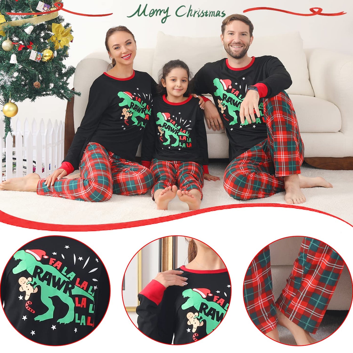ANGELGGH Matching Christmas Pajamas for Family, Cute Vacation PJs Sets for Couples/Women/Men, Xmas 2 Piece Jammies Sleepwear (Youth, 2-3T, Black Dinosaur)