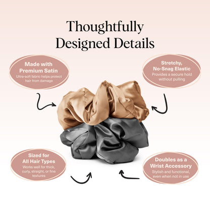 Kitsch Satin Hair Scrunchies for Women - Softer Than Silk Scrunchies for Hair | Satin Scrunchies for Girls & Stylish Satin Hair Ties for Women | Cute Satin Hair Scrunchie, 2 pc (Charcoal/Gold)