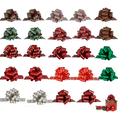 PintreeLand 24PCS Christmas Bows for Gift Wrapping, 5” Xmas Pull Bows with Ribbon Wrap Accessory for Present, Florist, Bouquet, Hamper, Basket Decor, Easy to Assemble