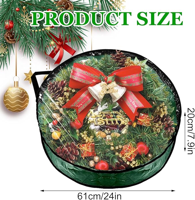 6 PCS Clear Wreath Storage Bag, 24x8 Inch Christmas Wreath Storage Container, PVC+PE Wreath Protector with Handle for Xmas Holiday Seasonal Wreath Garland (Green)