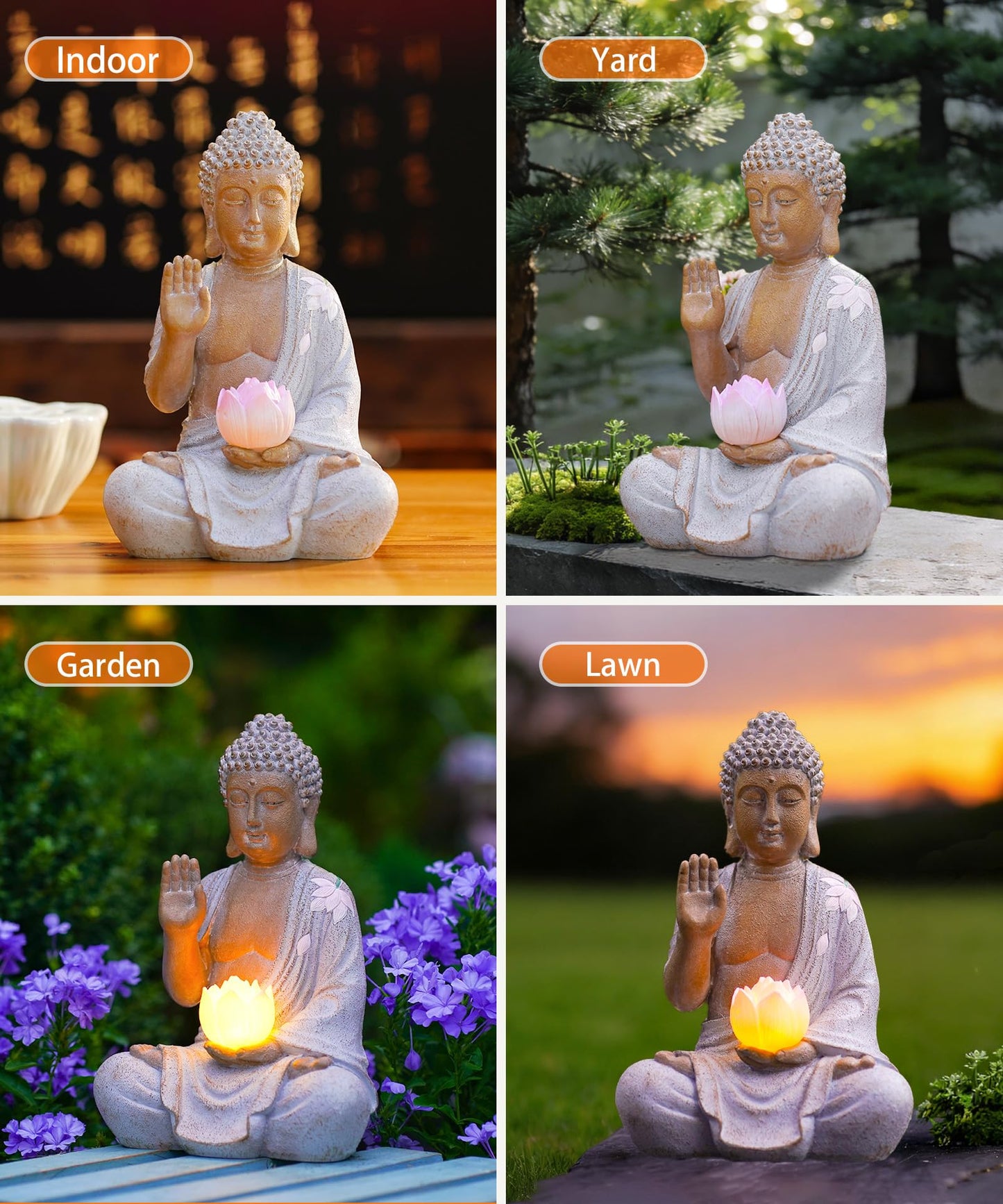 Nacome Solar Buddha Garden Statue Decor: Sitting Resin Figurine with Lotus Flower Light Zen Sculpture for Patio Lawn Yard Porch Balcony Meditation Space - 10.6 inches(White)