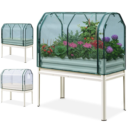 KING BIRD Raised Garden Bed with Cover & Netting Galvanized Elevated Large Planter Box with Legs for Backyard, Patio, Balcony, 400lb Capacity, Beige, 48×24×56 in