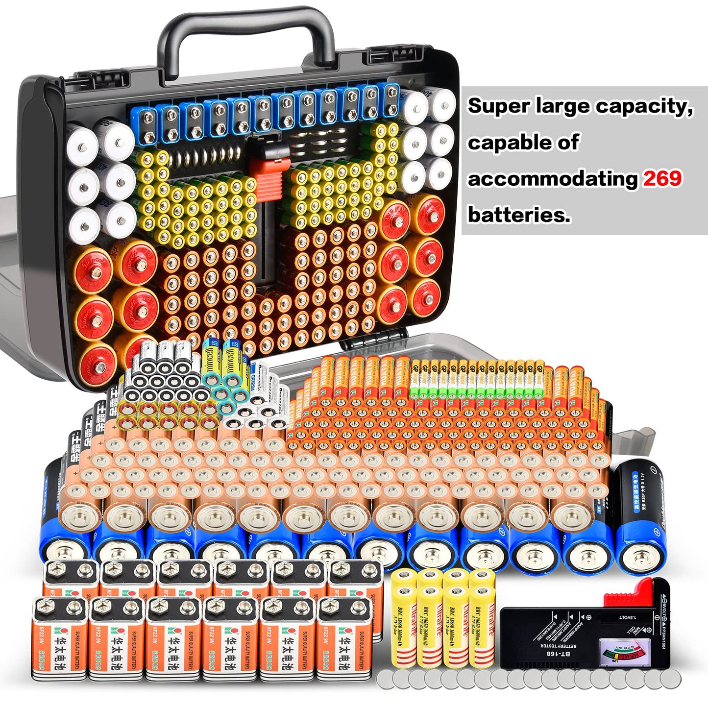 Aptbyte Battery Organizer Storage Holder Box Case with Tester- 269 Batteries Double-Sided Variety Pack, Holds AA AAA 4A C D Cell 9V 3V Lithium LR44 CR2 CR123 CR1632 18650 Button- Grey