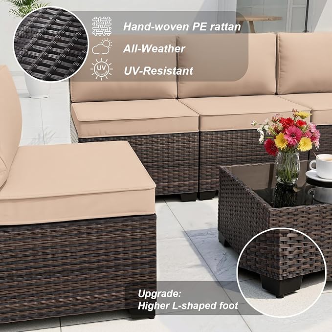 ALAULM 11 Pieces Patio Furniture Set with 2 Swivel Chairs Patio Furniture Outdoor Sectional Sofas with 55000 Gas Fire Pit Patio Conversation Set w/8 Cushions-Sand