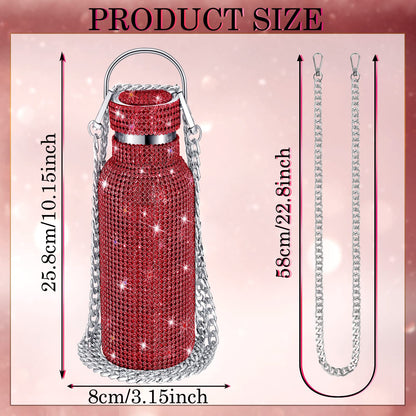 Geiserailie Diamond Water Bottle Bling Rhinestone Stainless Steel Thermal Bottle Refillable Insulated Glitter Water Jug with Chain for Women Girls Gifts(750 ml,Red)