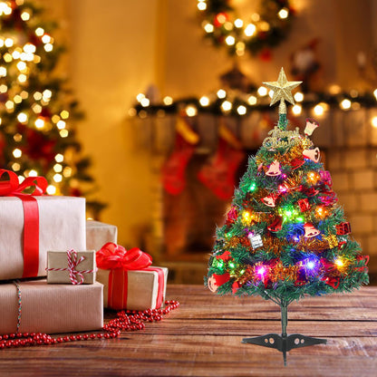 Mini Christmas Tree, 2ft Tabletop Small Christmas Tree with Lights, Hanging Ornaments and Star Treetop, Xmas Decoration Tree Decor