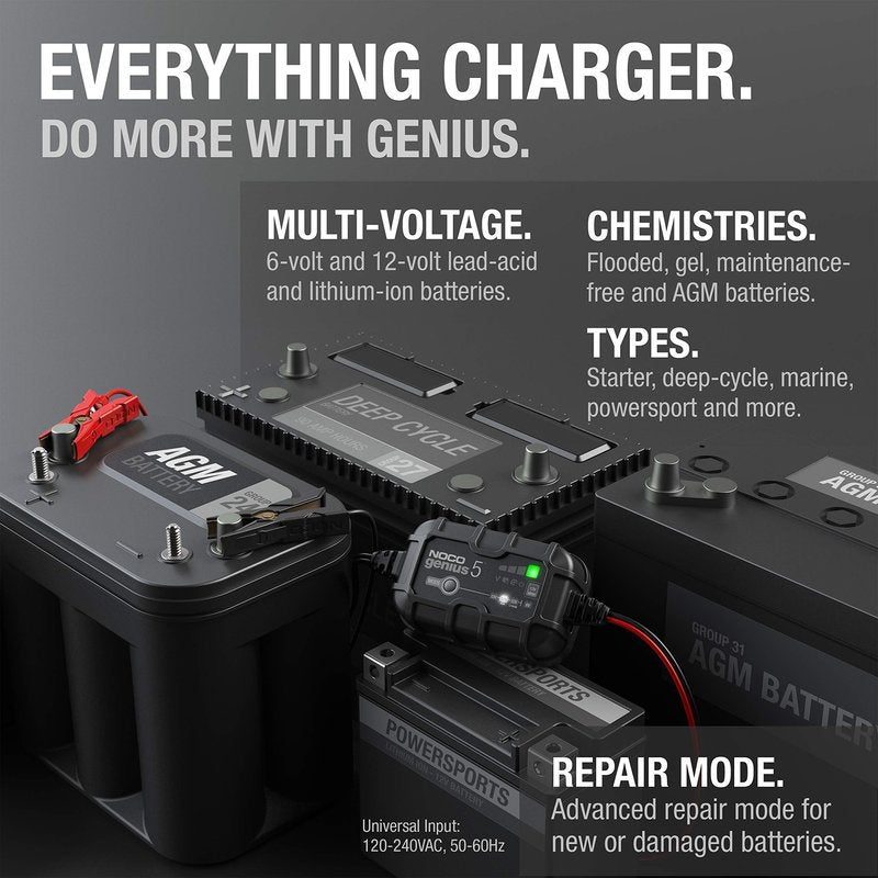 NOCO GENIUS5: 5A 6V/12V Smart Battery Charger – Automatic Maintainer, Trickle Charger & Desulfator with Overcharge Protection & Temperature Compensation – for Lead-Acid & Lithium Batteries