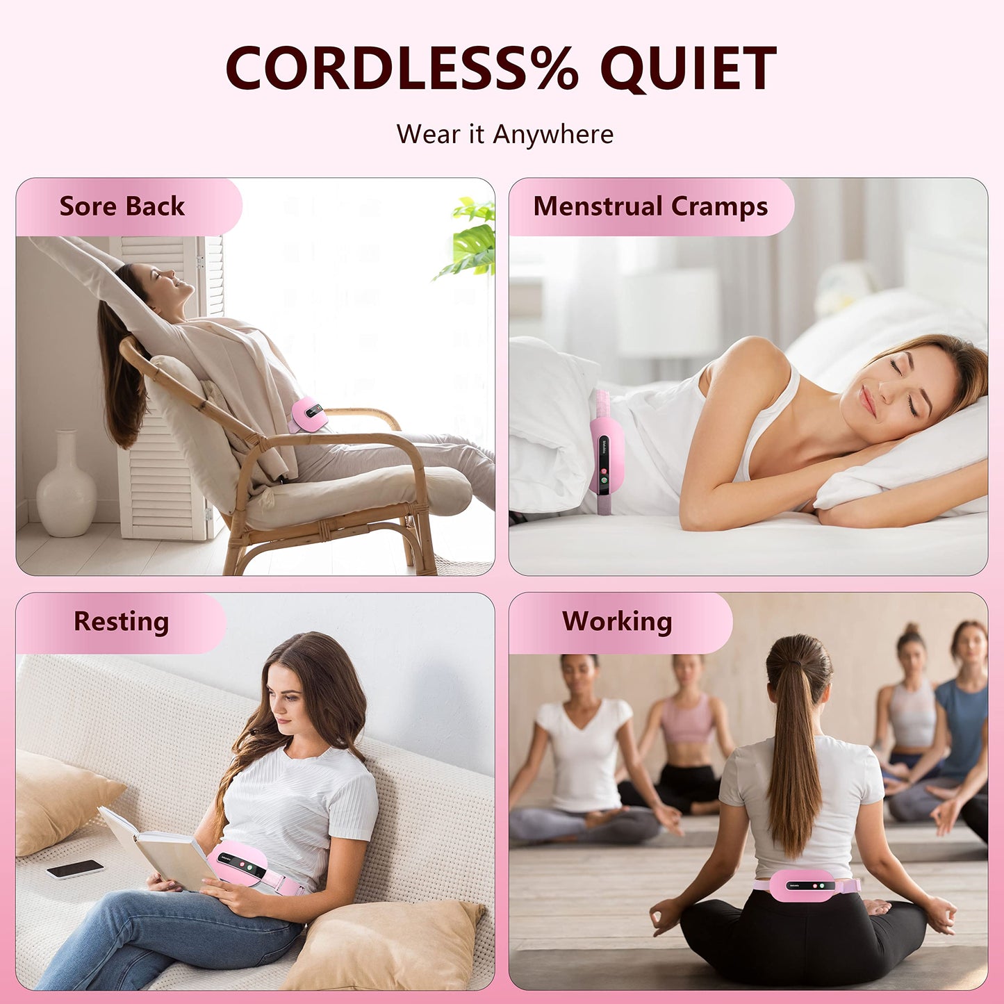Portable Cordless Heating Pad, Heating Pad for Back Pain with 3 Heat Levels & 3 Vibration Massage Modes, Portable Electric Fast Heating Belly Wrap Belt for Women and Girl(Pink)