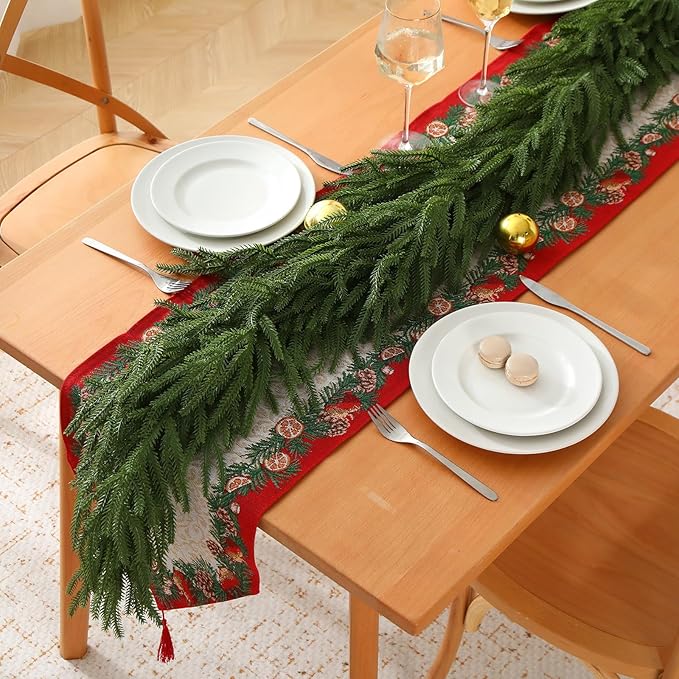 6FT Christmas Norfolk Pine Garland, Realistic Greenery Artificial Garland for Indoor Outdoor Door Porch Fireplace Wall Staircase Holiday Christmas Decor