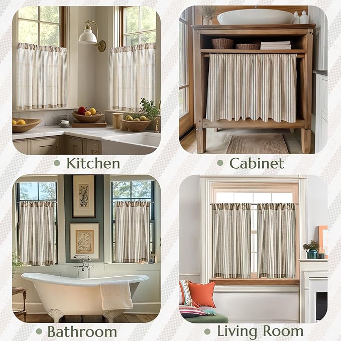 jinchan Colorful Striped Linen Kitchen Curtains 36 Inch Christmas Tier Curtains Farmhouse Modern Cafe Small Window Treatments Light Filtering Rod Pocket for Living Room Bathroom 2 Panels Multi Green