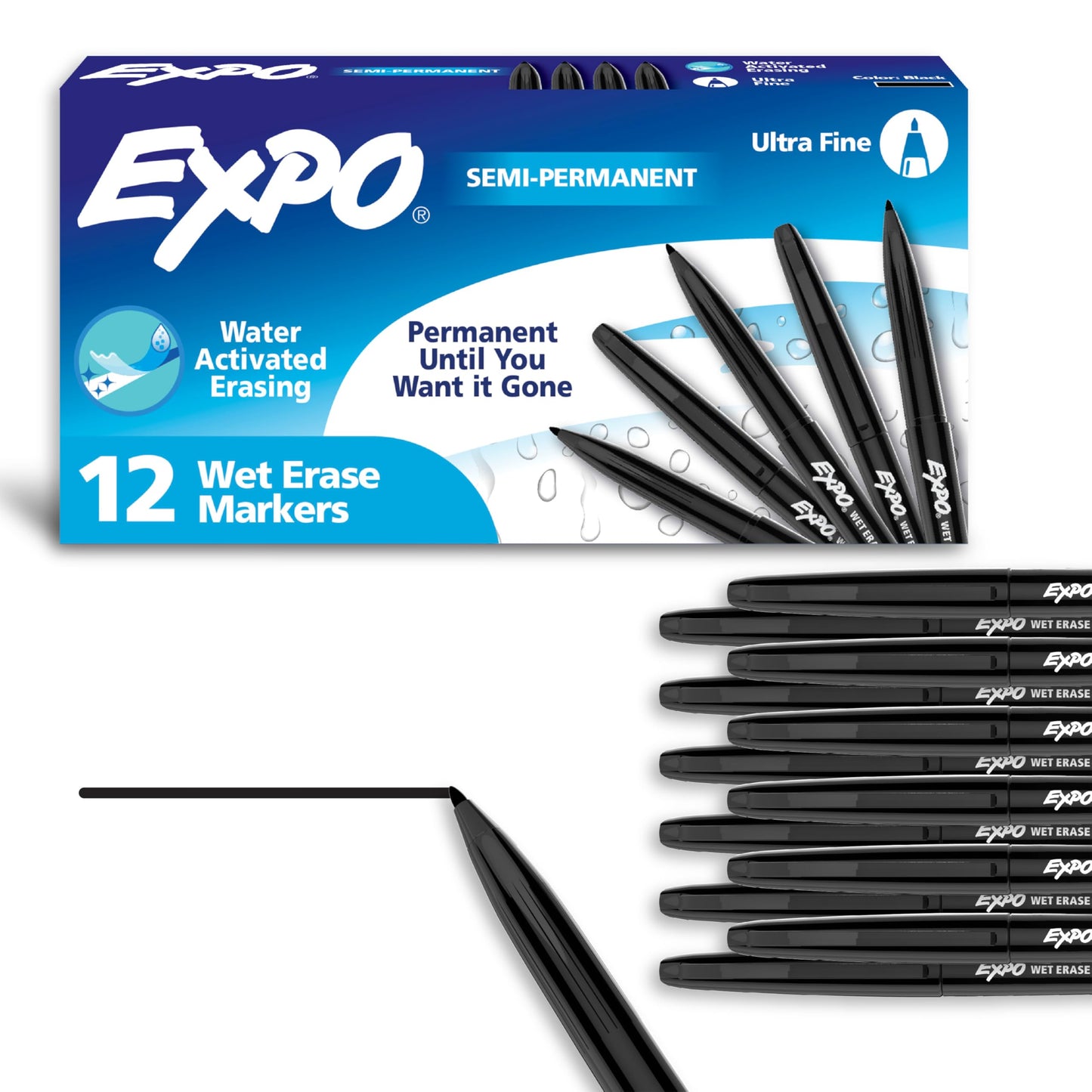 EXPO Visa Vis Wet Erase Markers Fine Point Black 12-Pack Ideal for Classroom and Homeschool Use