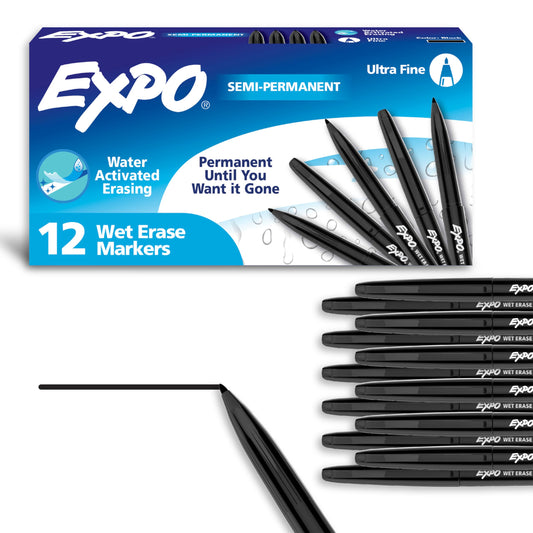 EXPO Visa Vis Wet Erase Markers Fine Point Black 12-Pack Ideal for Classroom and Homeschool Use