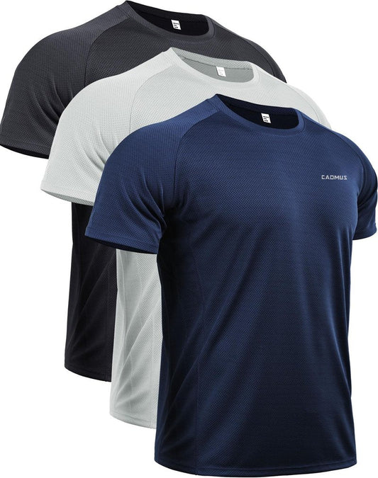 CADMUS Men's 3 Pack Workout Shirts Dry Fit Mesh Athletic T-Shirts, 033, Black,Grey,Navy Blue, Large