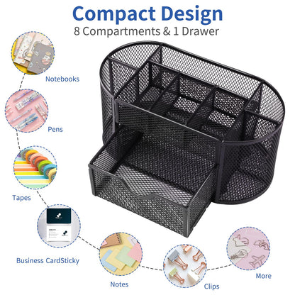 EOOUT Desk Organizer, Pencil Holder for Desk, Mesh Office Desk Accessories with 8 Compartments and 1 Drawer Stationery Holder School Supplies