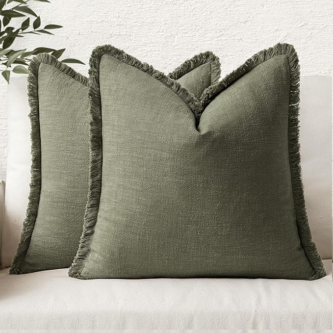 MIULEE Decorative Throw Pillow Covers Neutral Linen Fringe Throw Pillows Set of 2 Olive Green Boho Farmhouse Cushion Covers with Tassels for Couch Sofa Bed Living Room Spring Home Decor 18x18 Inch