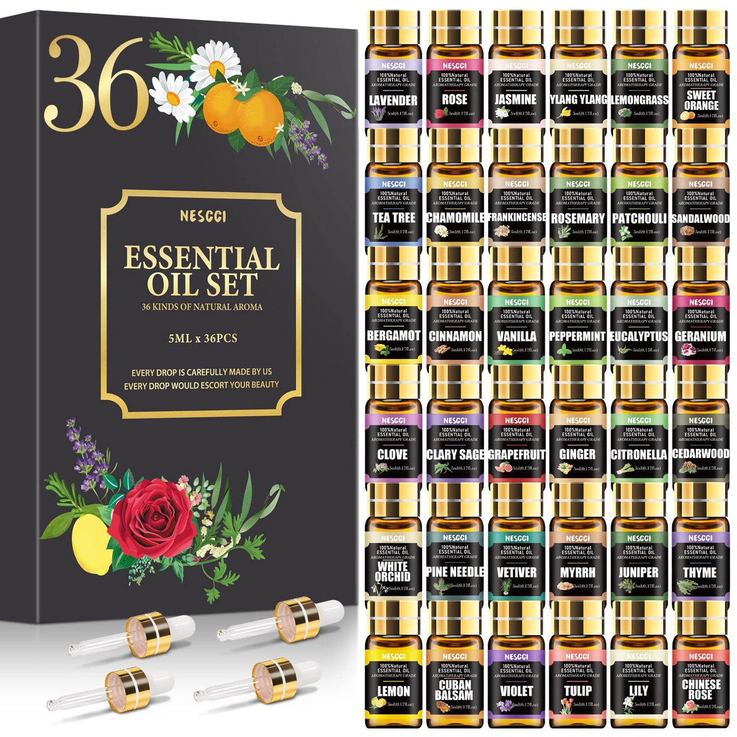 NESCCI Essential Oil Set - Essential Oils 36 x 5ML - Essential Oils Gift Set for Diffuser, Humidifier, Soap, Candle, Bath Bombs Making, Halloween, Christmas