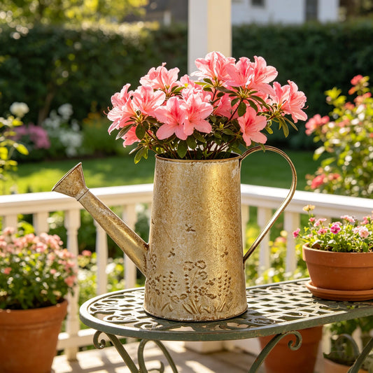 Vintage Distressed Gold Flower & Garden Watering Can, Decorative Metal Watering Pot Planter for Home Patio Backyard Outdoor Plant Care, Rustic Farmhouse Home Decor Accent