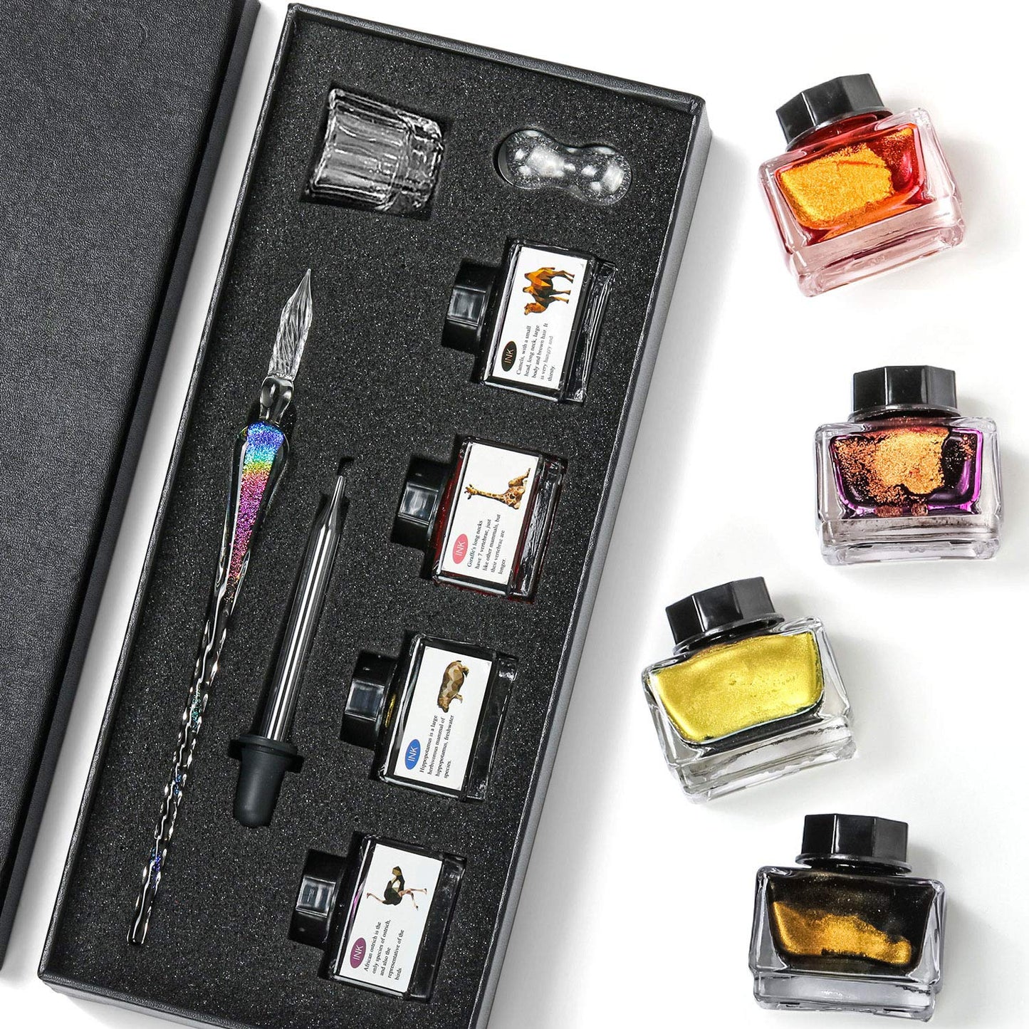 ESSSHOP Handmade Glass Dip Pen and Ink Set - 15ml Color Inks Pen Holder Cleaning Cup Ink Drip Tool Crystal Signature Ink Dipped Pen Kit for Art Writing Calligraphy Christmas Day Gifts