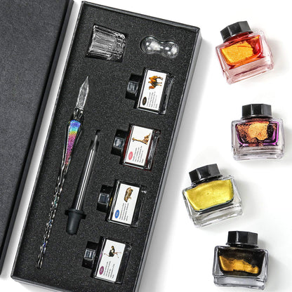ESSSHOP Handmade Glass Dip Pen and Ink Set - 15ml Color Inks Pen Holder Cleaning Cup Ink Drip Tool Crystal Signature Ink Dipped Pen Kit for Art Writing Calligraphy Christmas Day Gifts