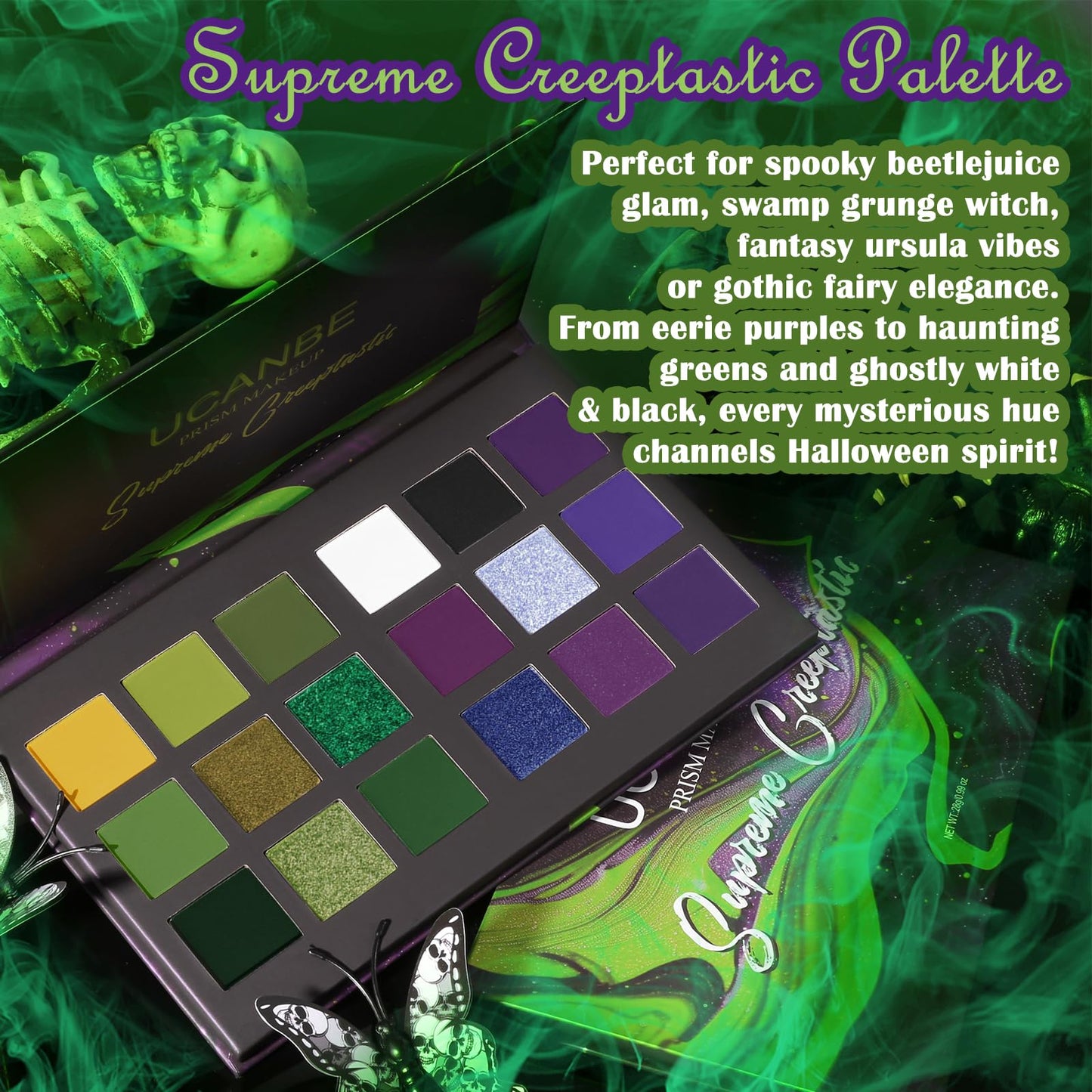 Green Purple Goth Eyeshadow Palette Makeup- 18 Colors Matte Shimmer Metallic Bright & Dark Smoky Gothic Eye Shadows for Halloween Christmas Grinch Witch Beetle-juice Ursula SFX Cosplay Costume Make Up