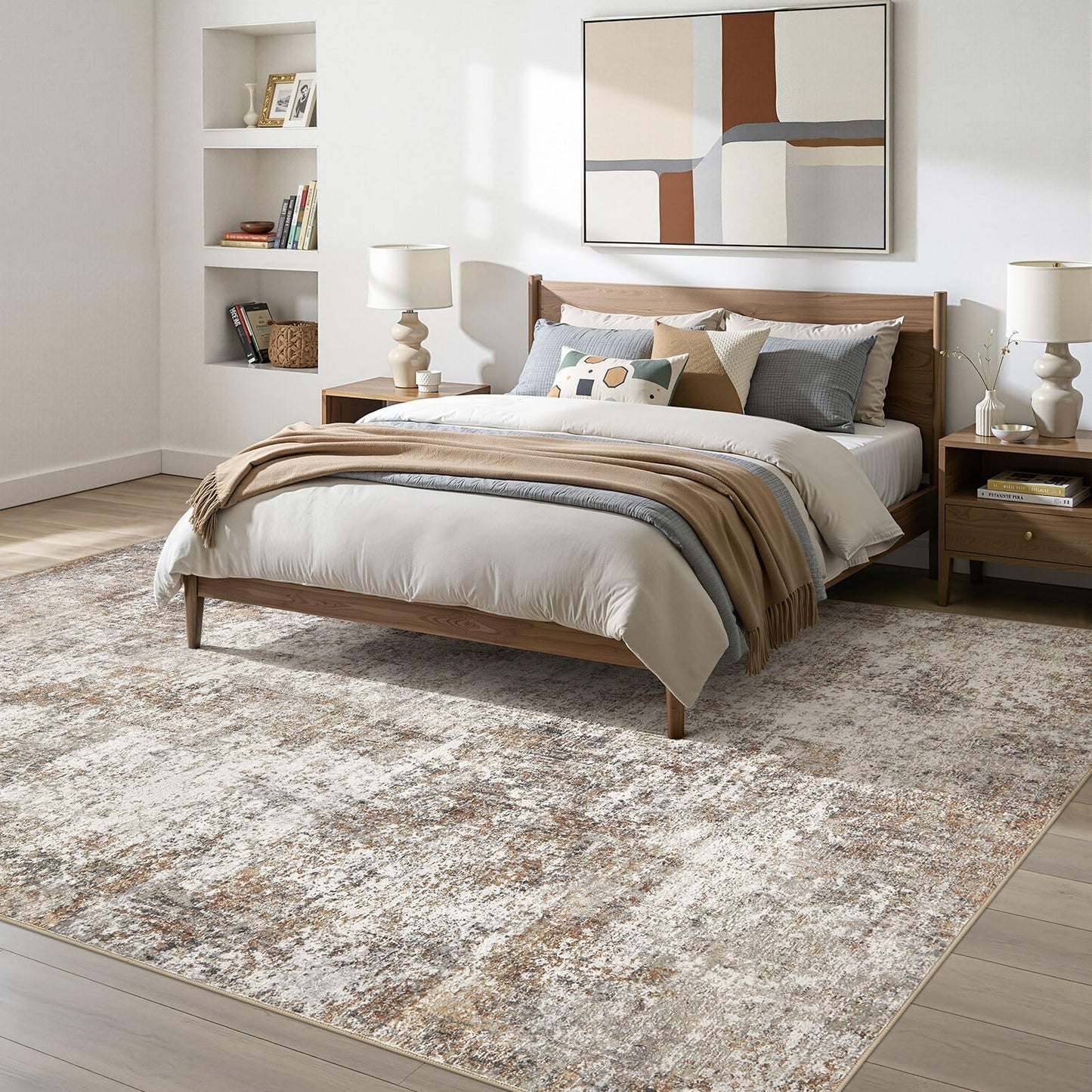 9x12 Area Rugs for Living Room: Washable Large Neutral Abstract Rug Soft Non Slip Stain Resistant Low Pile Indoor Carpet for Bedroom Dining Room Nursery Office Playroom - Brown Grey