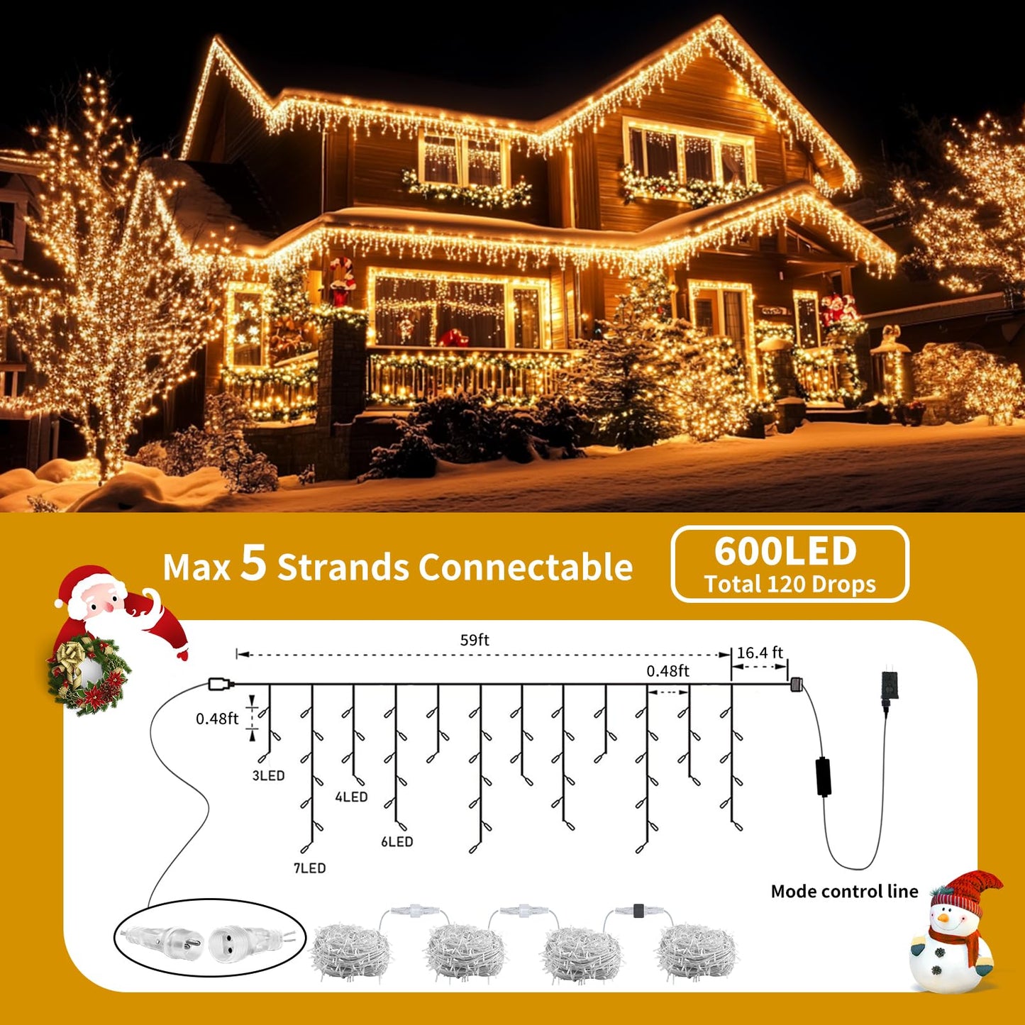 Christmas Icicle Lights Outdoor, 75.5 FT 600 LED 8 Modes Icicle String Lights with 120 Drops, Plug in Icicle Lights Waterproof with Remote Timer for Party, Wedding, Christmas Decorations - Warm