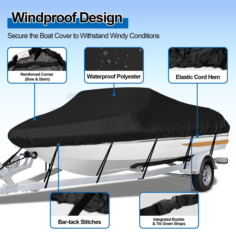iCOVER Trailerable Boat Cover- 16'-18.5' Heavy Duty Waterproof Tarp Covers with Storage Bag, Fits V-Hull, Fish&Ski, Pro-Style, Fishing, Runabout, Bass Boats, up to 16ft-18.5ft Long X 94" Wide
