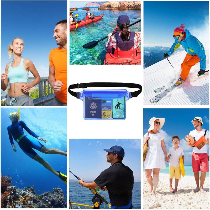 AiRunTech Waterproof Pouch with Waist Strap (2 Pack) | Beach Accessories Best Way to Keep Your Phone and Valuables Safe and Dry | Perfect for Boating Swimming Snorkeling Kayaking Beach Pool(Grey+Blue)
