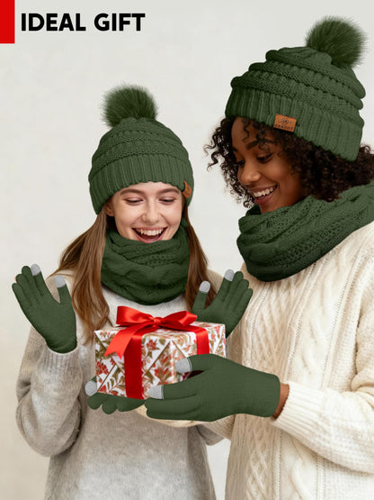 URATOT Winter Warm Knitted Sets Beanie Pompom Hat Scarves Winter Touchscreen Gloves Scarf Set for Men Women