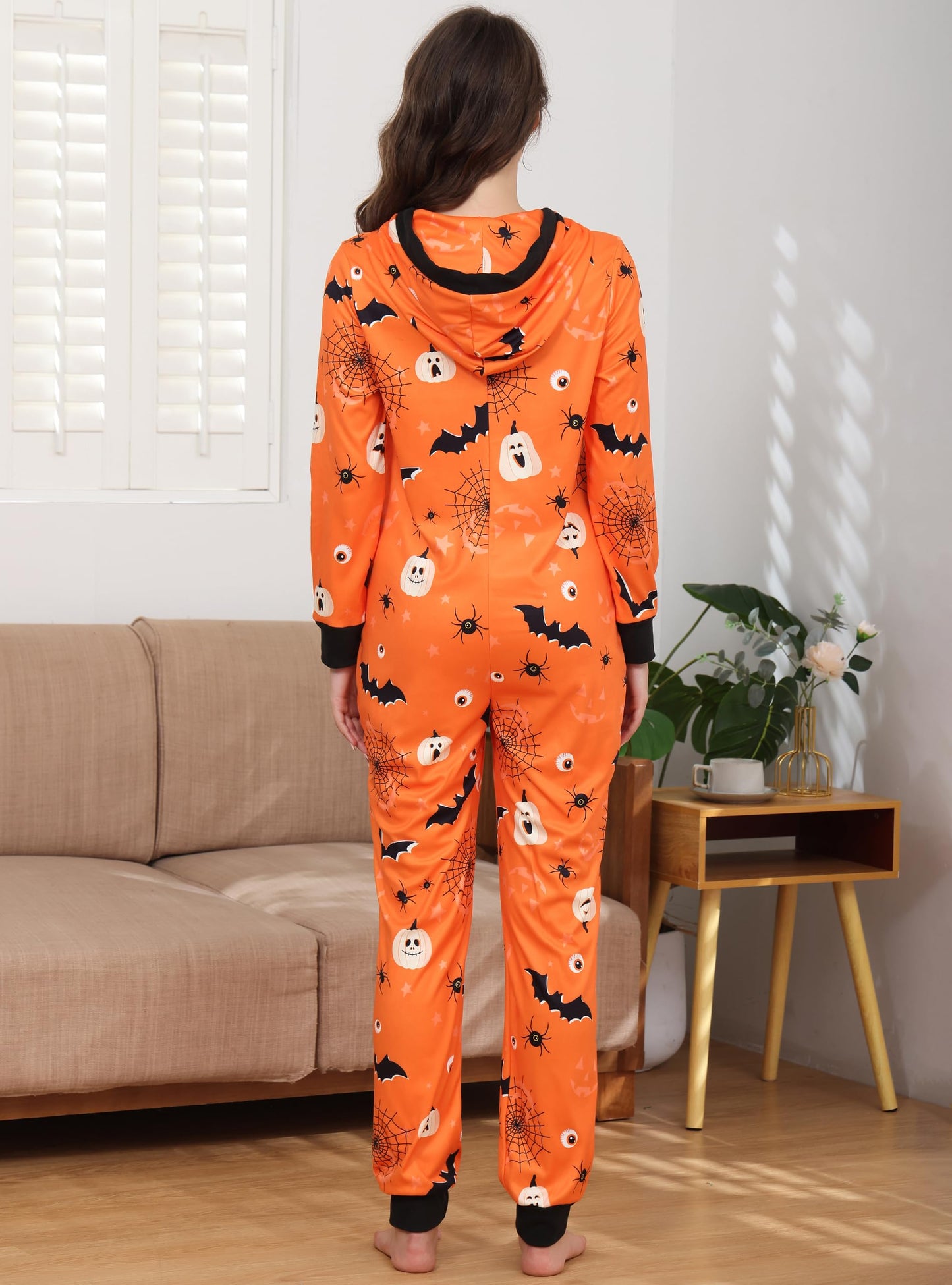 Veseacky Matching Onesies for Couples Zipper Hooded Adult Halloween Onesie Pajamas with Pockets Women Jumpsuit (Orange,XL)