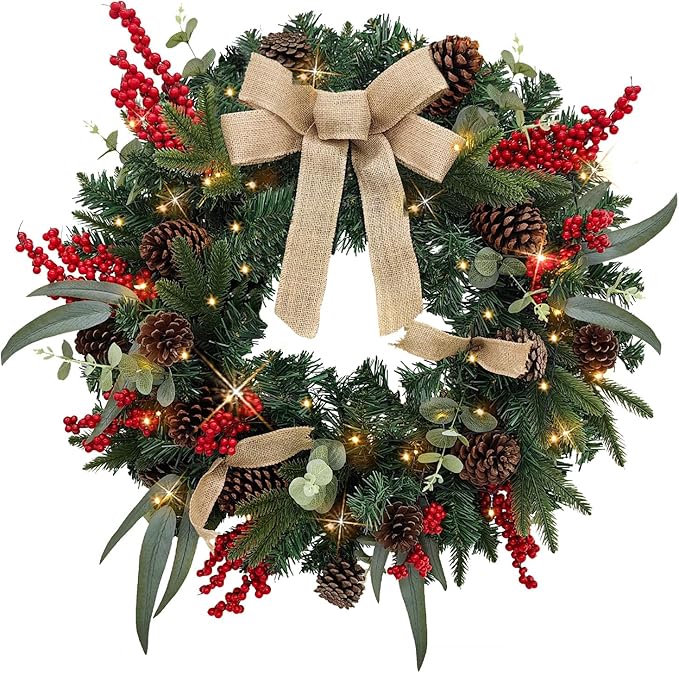 Christmas Lighted Wreath for Front Door, 28 Inches Pre-Lit 35 LED Lights, Natural Pine Cones Artificial Holiday Wreath for Indoor Outdoor Home Decorations