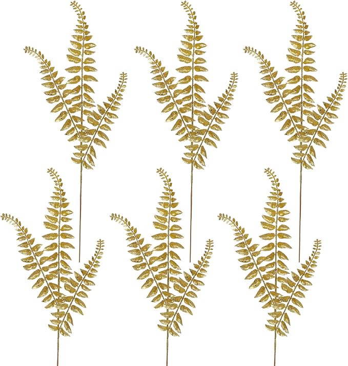 DILATATA 6Pcs Christmas Glitter Leaves Boston Fern Leaves 25" Artificial Gold Fern Leaf Picks Sprays Giltter Stems for Christmas Tree DIY Xmas Wreath Garland Home Decor - Gold