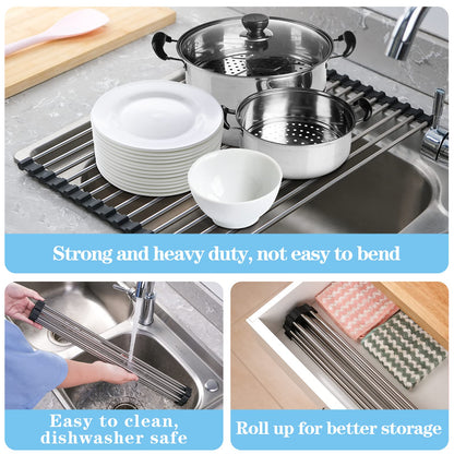 Seropy Roll Up Dish Drying Rack Over The Sink Drying Rack for Kitchen Counter, Rolling Dish Rack Over Sink Mat, Foldable Dish Drainer Stainless Steel Rack Kitchen Organization Gadgets 17.5"x11.8"