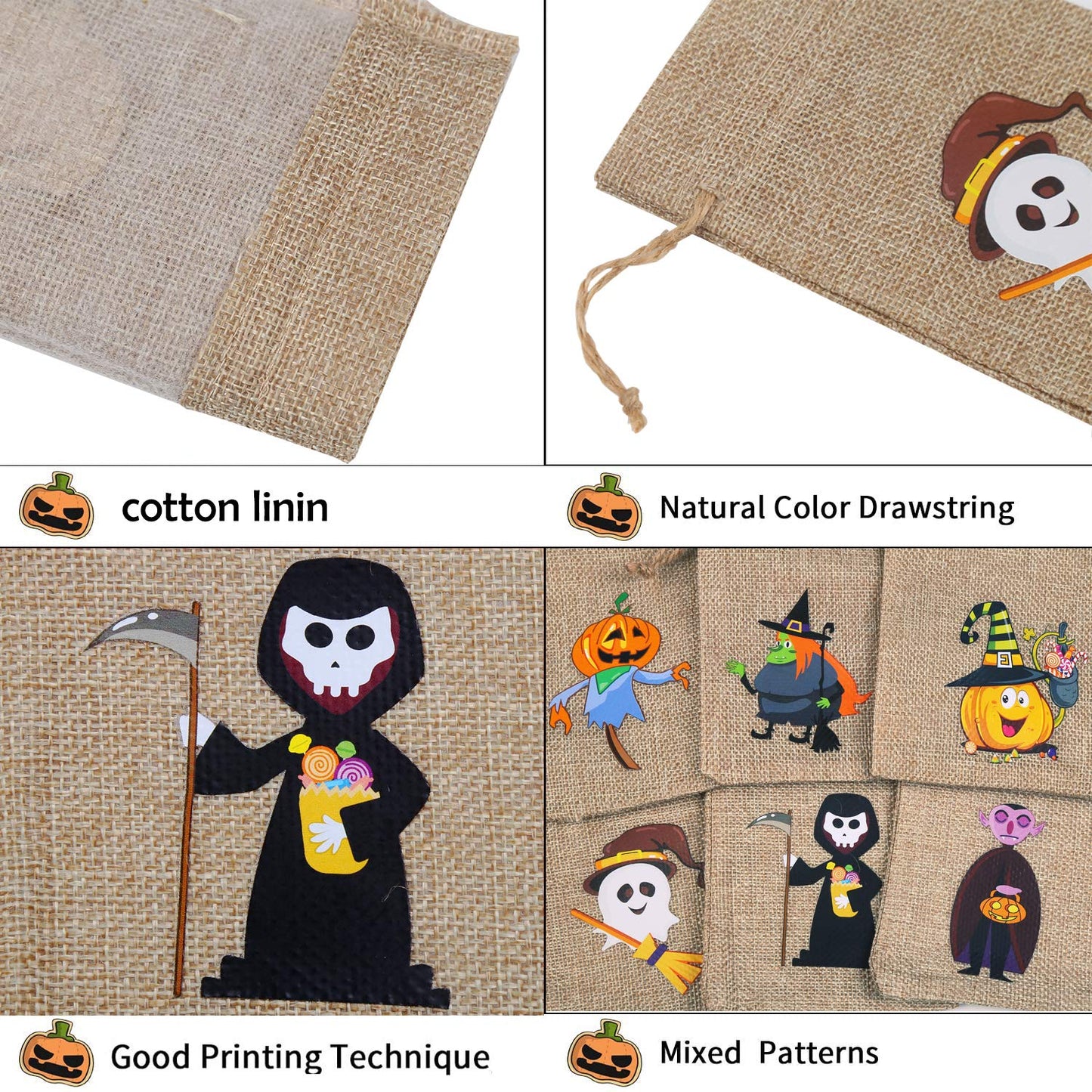 DIYASY 48 Pcs Halloween Burlap Gift Bags,Goodie Treat Bags with Drawstrings for Kids Halloween Party Favor