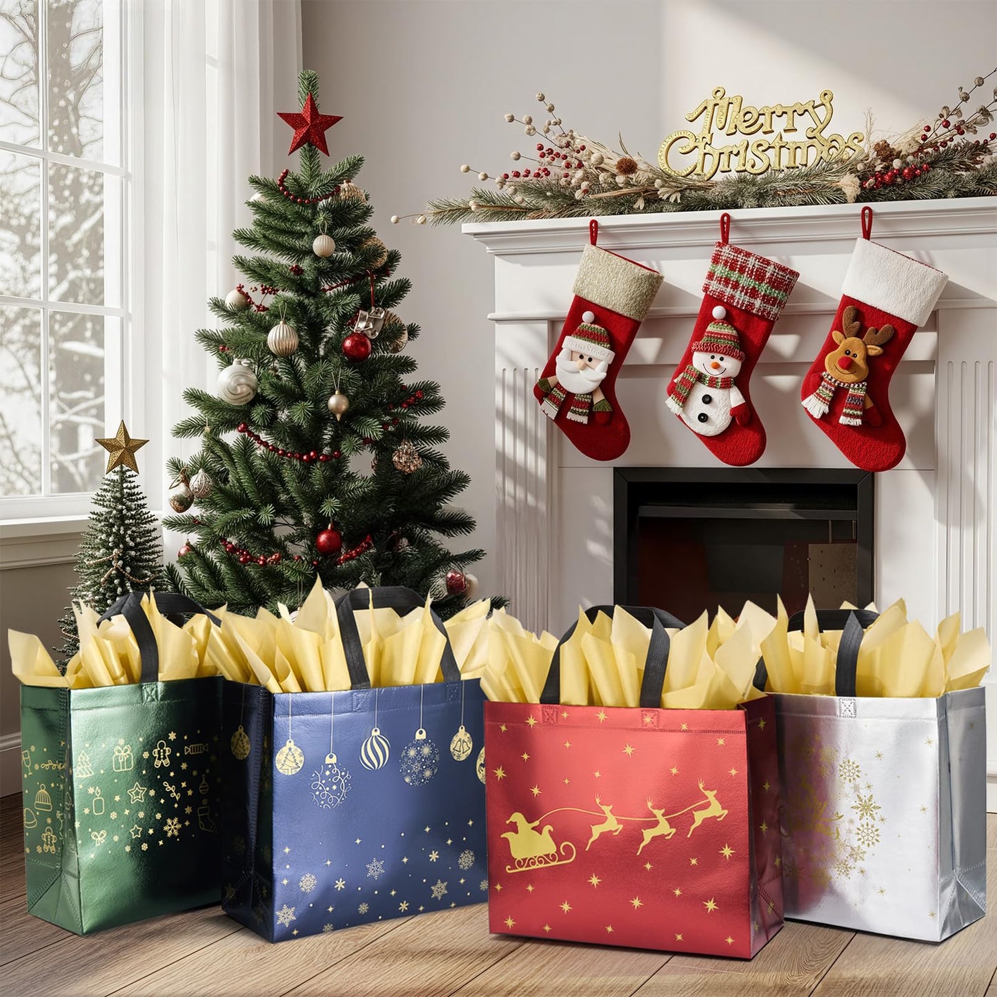 YANGTE 16 Pack 13" Large Christmas Gift Bags With Tissue Paper, Reusable 4 Unique Designs Christmas Bags with Handle for Gifts Wrapping Shopping Xmas Party Supplies(13" x 11" x 5")