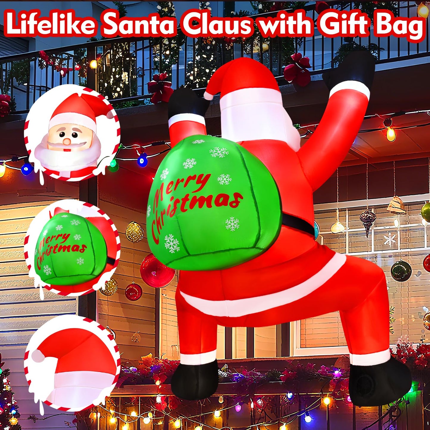 Yinhua 6 FT Christmas Inflatables Climbing Santa Claus Inflatable Outdoor Decoration, Hanging Christmas Blow Up Yard Decorations with Built-in LED Lights for Window Wall Roof Decor Holiday Party