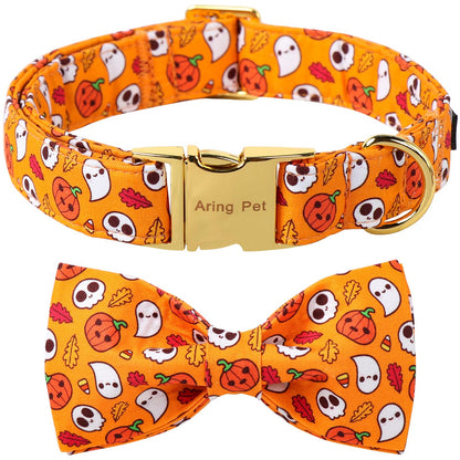 ARING PET Halloween Dog Collar with Bow, Cute Orange Ghost Pumpkin Pets Necklace Detachable Bow Tie Collars for Puppy Small Medium Large Girl Boy Dogs-XS