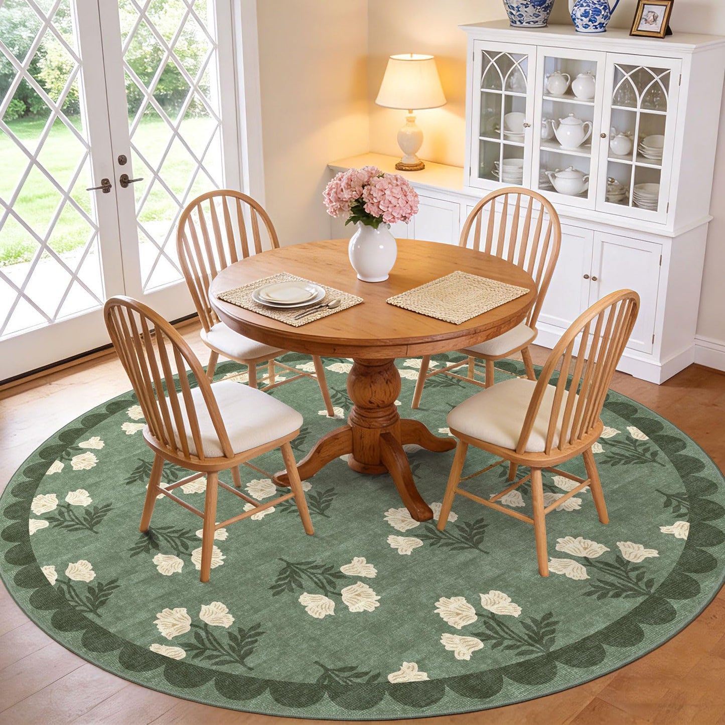 Othilic Sage Green 6ft Round Area Rug for Living Room - Large Washable Floral Boho Farmhouse Scalloped Circle Rug for Bedroom Stain Resistant Dining Room Rugs for Under Table Soft Non-Slip Nursery Rug
