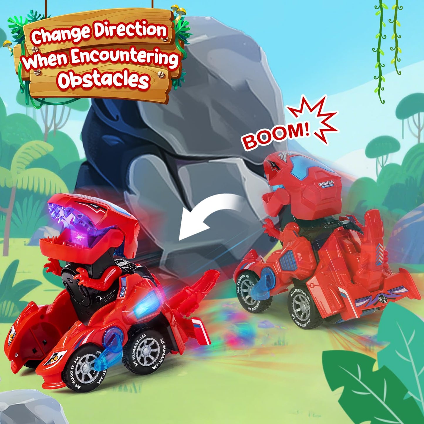 Yellcetoy Dinosaur Transforming Car, Dino Toys with Flashing Lights & Sound for Boys Girls Age 3-7 Automatic Electric Transform Cars Toy Birthday Xmas Gifts for Kids 3 4 5 6 7 Years Red