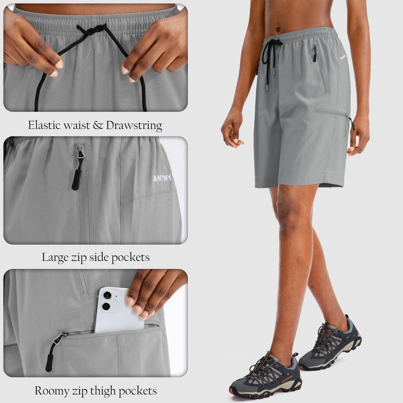 SANTINY Women's 5''/ 7''/9'' Hiking Cargo Shorts Quick Dry Lightweight Summer Shorts for Women Athletic Golf Zipper Pockets(Light Grey_S)