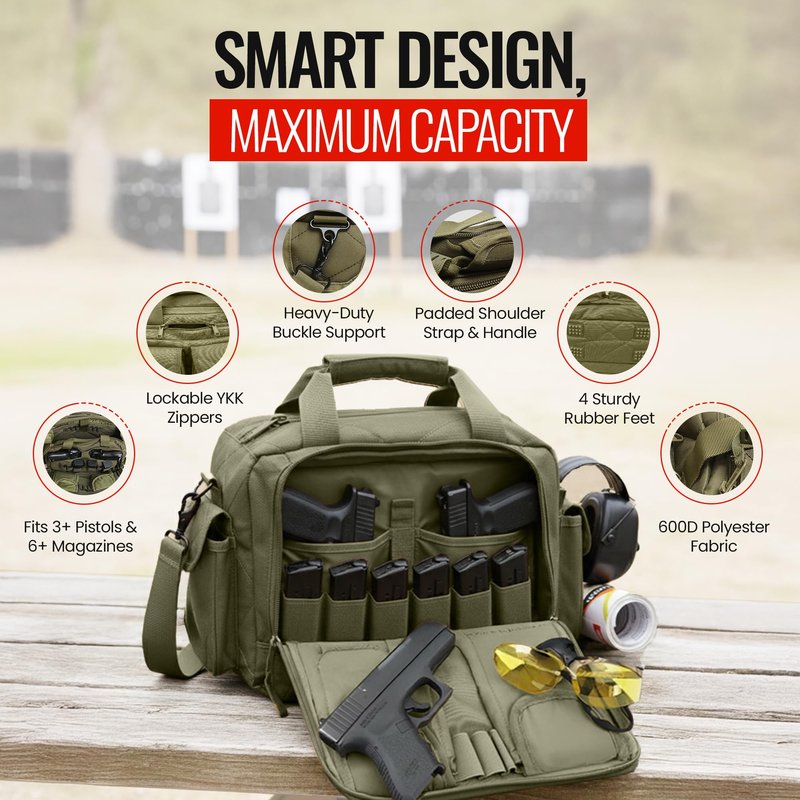 Gun Range Bags for Handguns and Ammo – Tactical Shooting Bag can Fits 3+ Pistols – Compact Gun Carrying Case with Durable Double Stitching Lockable YKK Zippers, Magazine Storage & Shoulder Strap