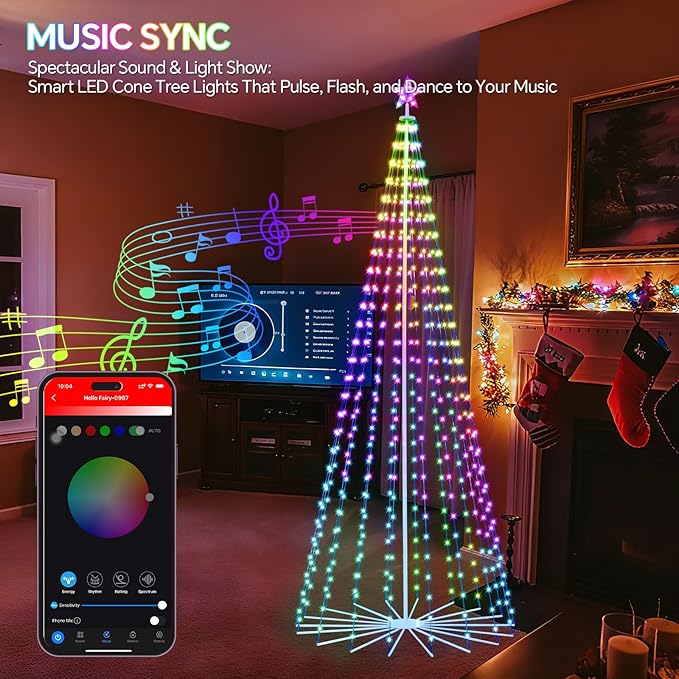 12 FT Smart Christmas Cone Tree Lights, 832 LED Lighted Outdoor Christmas Tree with Remote & App Control Timer, Music Sync, DIY RGB Color Changing for Indoor Outdoor Decorations