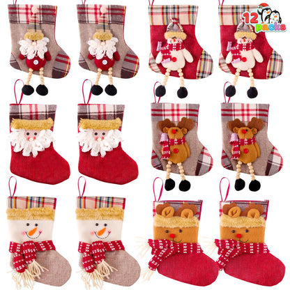 JOYIN 12 Pcs Mini Christmas 3D Bulk Xmas Stockings Santa Snowman Reindeer Burlap Stockings for Present Holders Treat Bags Christmas Tree Decoration Xmas Party Decors