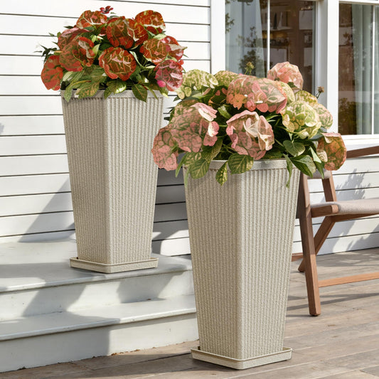 Trygoal Square Tall Planters for Outdoor Plants Set of 2-23.6" Heavy-Duty Classic Tapered Indoor Flower Pots with Drainage Holes/Partition/Tray, Large Outdoor Planters for Porch Patio, Beige Cream