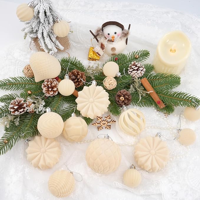 Velvet Christmas Balls 48pcs Flocked Christmas Tree Ornaments Set Shatterproof Christmas Ornaments with Hanging Rings Suitable for Xmas Tree Holiday Decor(Creamy White)
