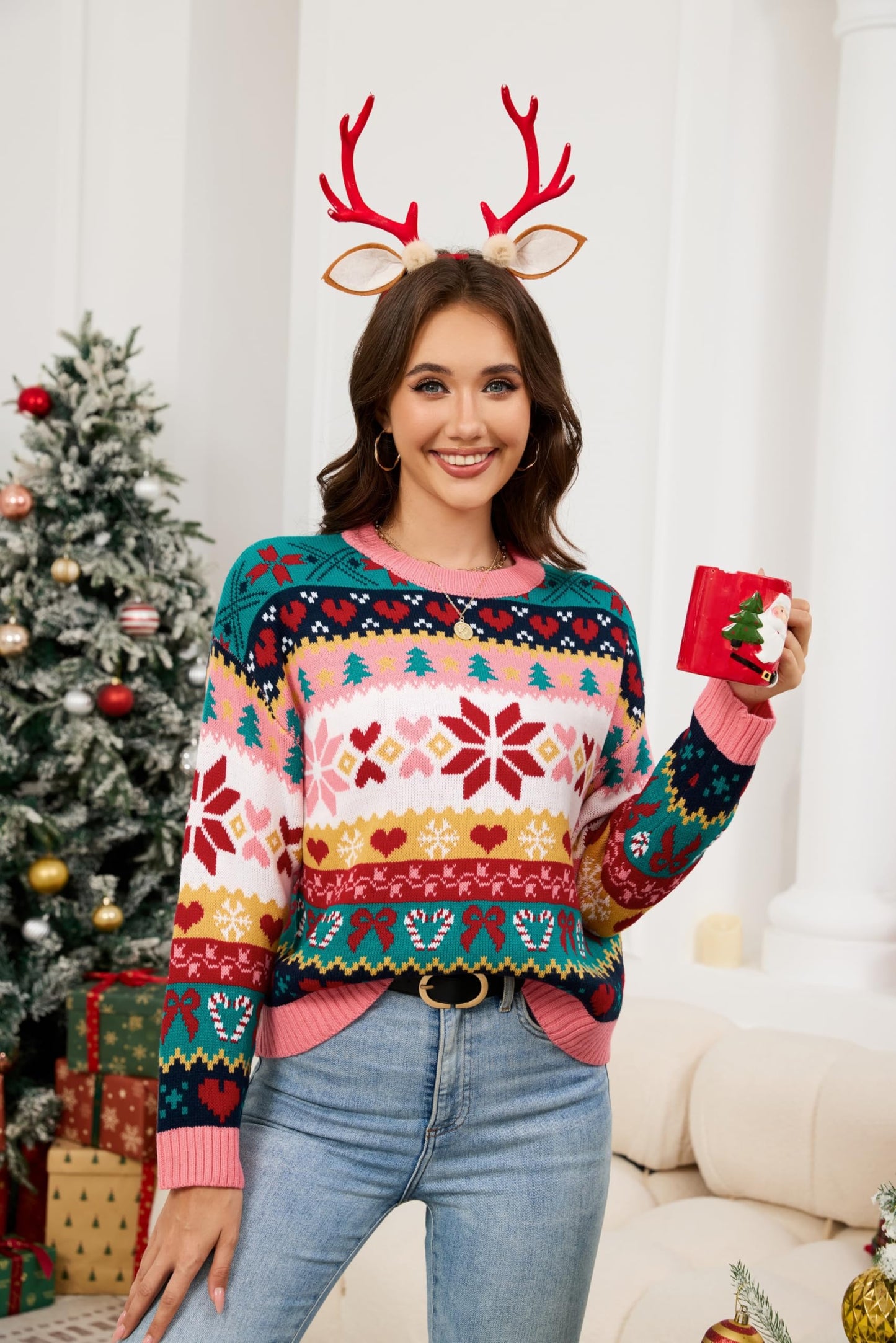 LUBOT Ugly Christmas Sweaters for Women Cute Fuzzy Funny Wintertime Holiday Parties Knitted Casual Pullover Sweater Pink Green Large